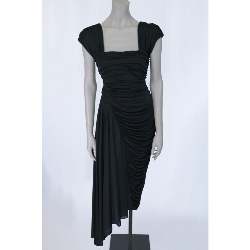 Vintage 1980s 80s Casadei Black Draped Asymmetric Open Back Sheath Dress XS S